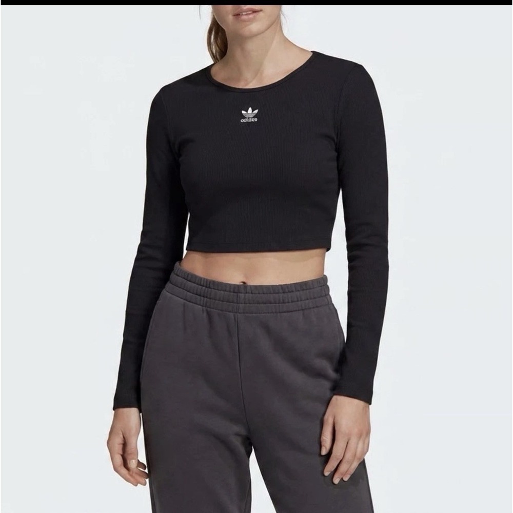 Adidas Originals Womens ESS Crop LS Black Ribbed Long Sleeve Top Size M